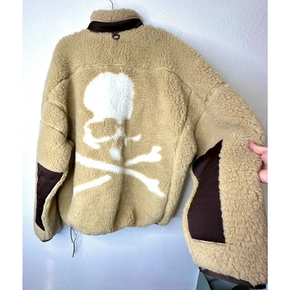 NWT Mastermind World Beige & Brown Cashmere Sherpa Jacket Skull & Crossbone Back - Picture 2 of 16